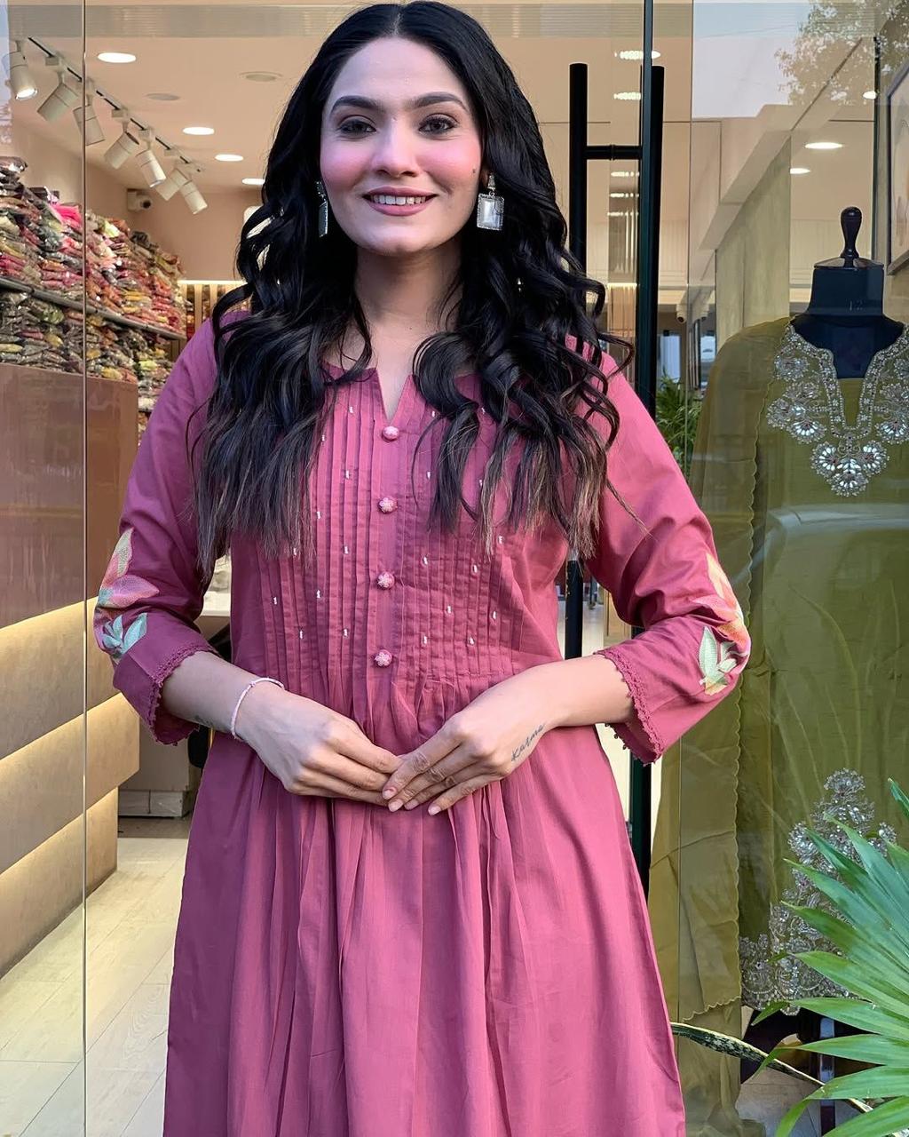 Rose Pink Floral Embroidered Kurta Pant Set with Dupatta for Women
