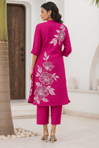 Women's Rani Pink Floral Printed Straight Kurta with Pants Set
