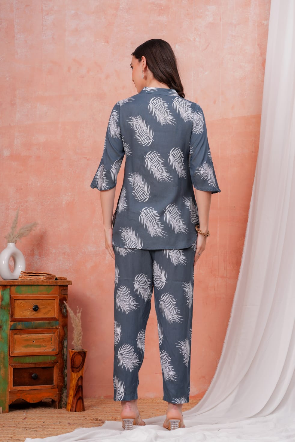 Women's Grey Leaf Print Co-ord Set | Stylish Casual Top & Pant Set