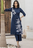 Women’s Navy Blue Floral Printed Straight Kurta with Palazzo Set |