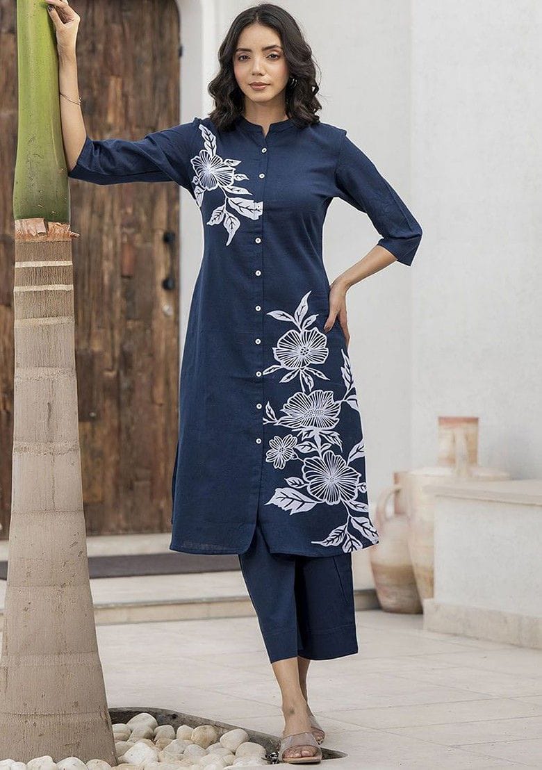 Women’s Navy Blue Floral Printed Straight Kurta with Palazzo Set |