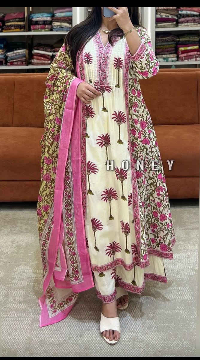 Women's Off White Palm Tree Printed Kurta Pant Set with Floral Printed Dupatta | Elegant Ethnic Wear#women printed kurta pant set#