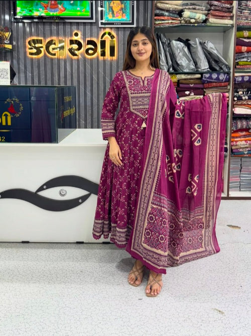 Royal Wine Purple Printed Anarkali Kurta Pant Set with Dupatta for Women