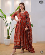 Women's Ethnic black rust Printed Kurta Pant Dupatta Set | Traditional Floral & Geometric Design | Anarkali Style Suit Set