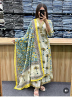 Women's Off White Palm Tree Printed Kurta Pant Set with Floral Printed Dupatta | Elegant Ethnic Wear#women printed kurta pant set#