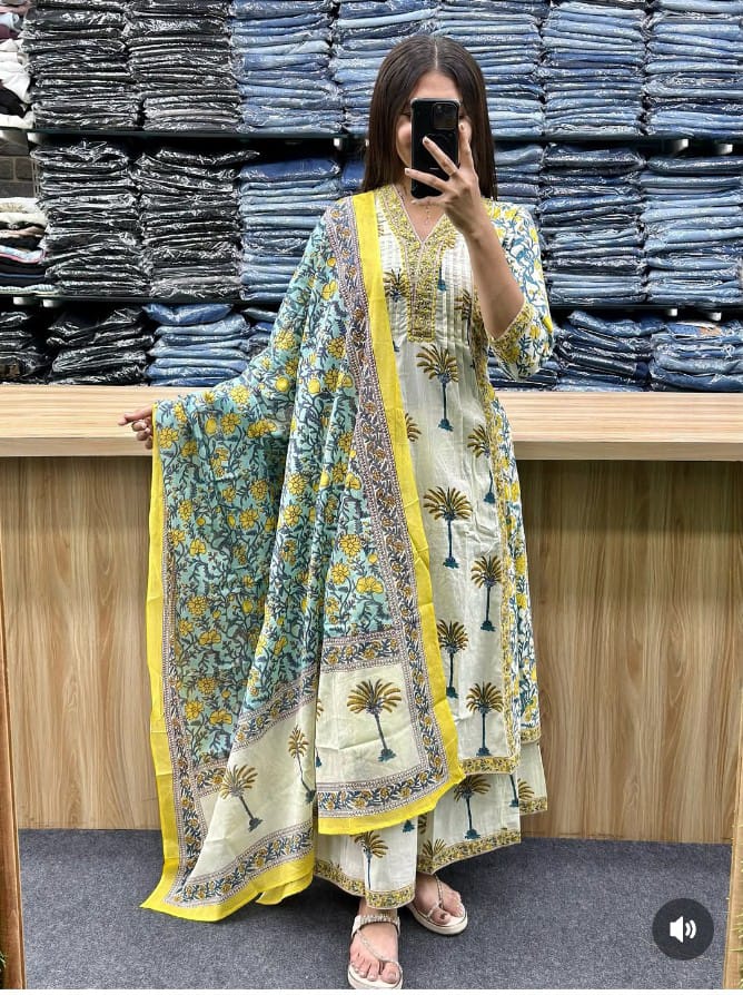Women's Off White Palm Tree Printed Kurta Pant Set with Floral Printed Dupatta | Elegant Ethnic Wear#women printed kurta pant set#