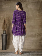 womens purple printed short kurta with white patiala salwar set