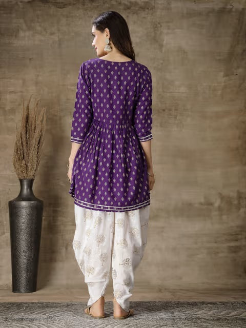 womens purple printed short kurta with white patiala salwar set
