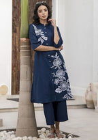 Women’s Navy Blue Floral Printed Straight Kurta with Palazzo Set |