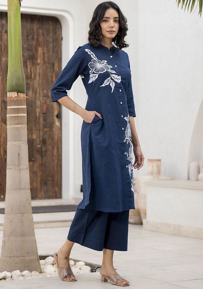 Women’s Navy Blue Floral Printed Straight Kurta with Palazzo Set |