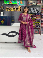 Royal Wine Purple Printed Anarkali Kurta Pant Set with Dupatta for Women