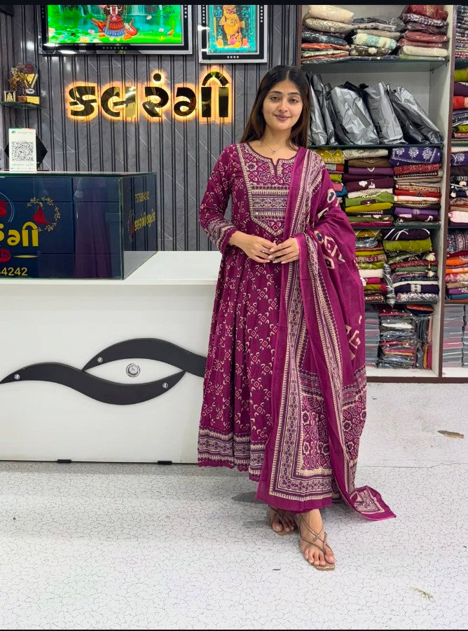 Royal Wine Purple Printed Anarkali Kurta Pant Set with Dupatta for Women