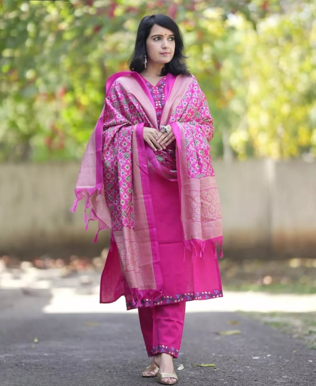 Women's Pink Embroidered Kurta Pant Set with Printed Dupatta