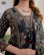 Women's Ethnic black rust Printed Kurta Pant Dupatta Set | Traditional Floral & Geometric Design | Anarkali Style Suit Set