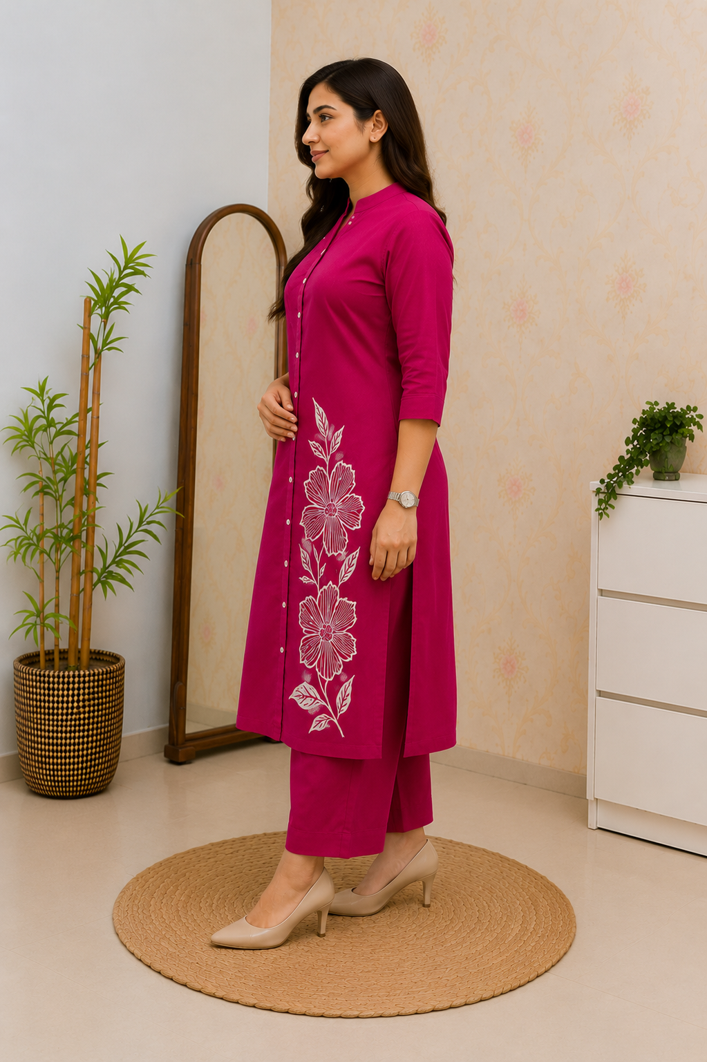 Women's Rani Pink Floral Printed Straight Kurta with Pants Set