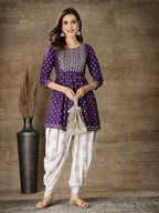 womens purple printed short kurta with white patiala salwar set
