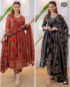 Women's Ethnic black rust Printed Kurta Pant Dupatta Set | Traditional Floral & Geometric Design | Anarkali Style Suit Set