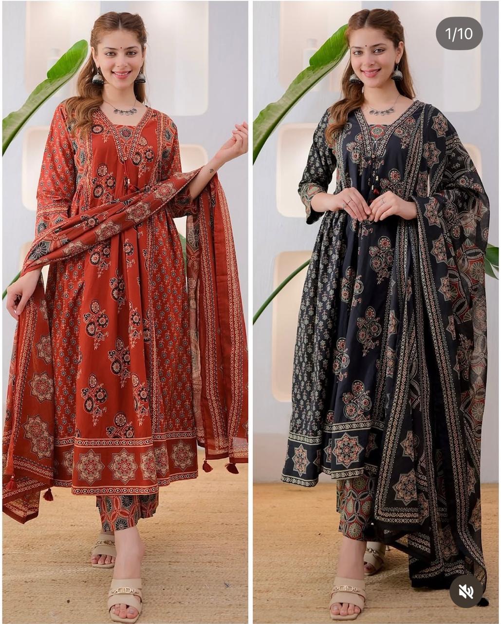 Women's Ethnic black rust Printed Kurta Pant Dupatta Set | Traditional Floral & Geometric Design | Anarkali Style Suit Set