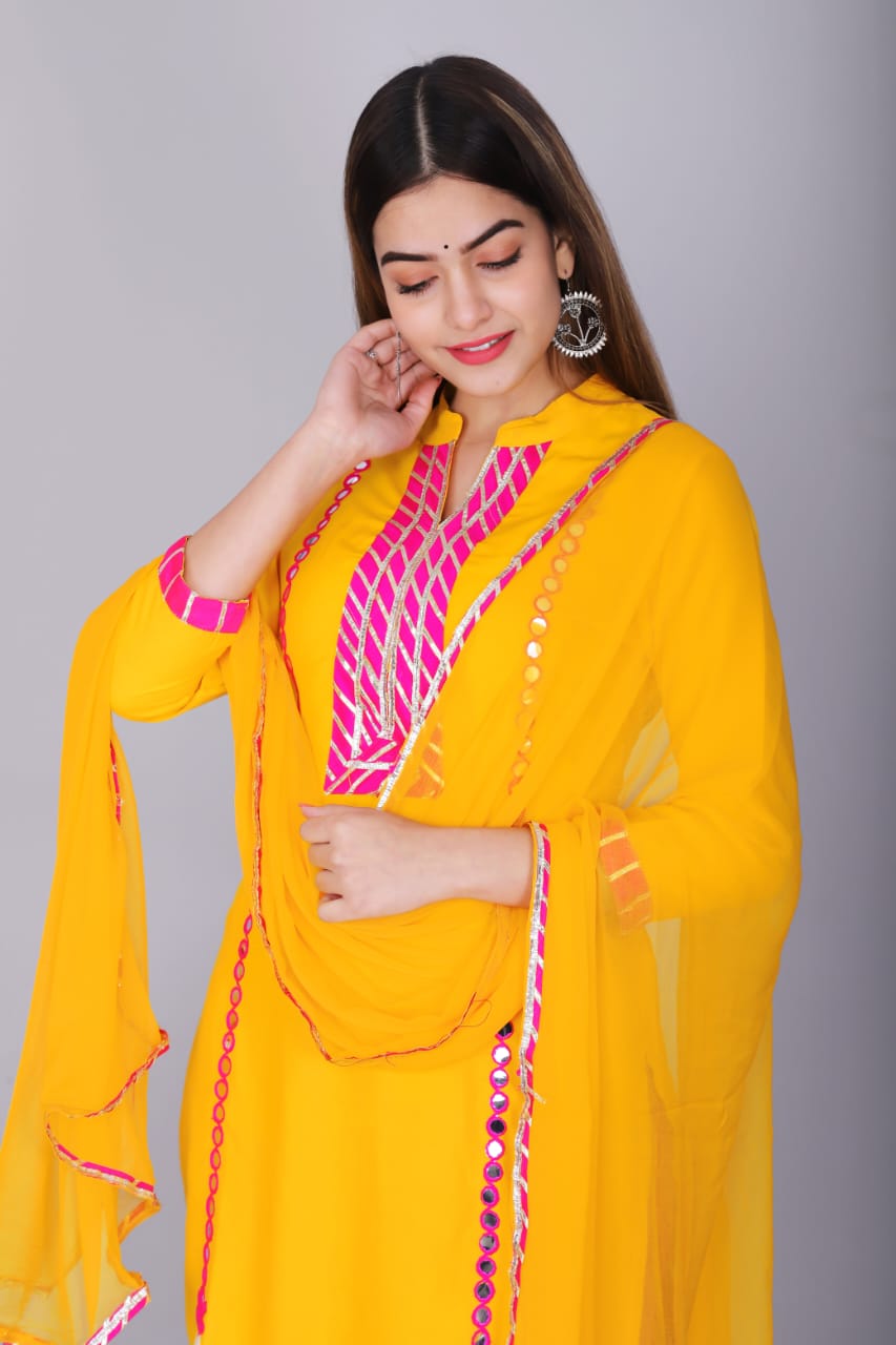 Women's Yellow Printed Kurta Palazzo Dupatta Set with Mirror Work and gota work kurti,pink palazzo