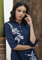 Women’s Navy Blue Floral Printed Straight Kurta with Palazzo Set |