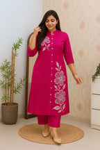 Women's Rani Pink Floral Printed Straight Kurta with Pants Set