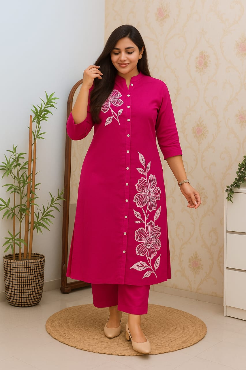 Women's Rani Pink Floral Printed Straight Kurta with Pants Set