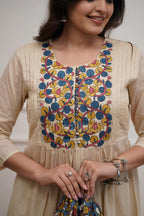 Cream Embroidered anarkli Cotton Kurta Pant Set with Printed Dupatta for Women