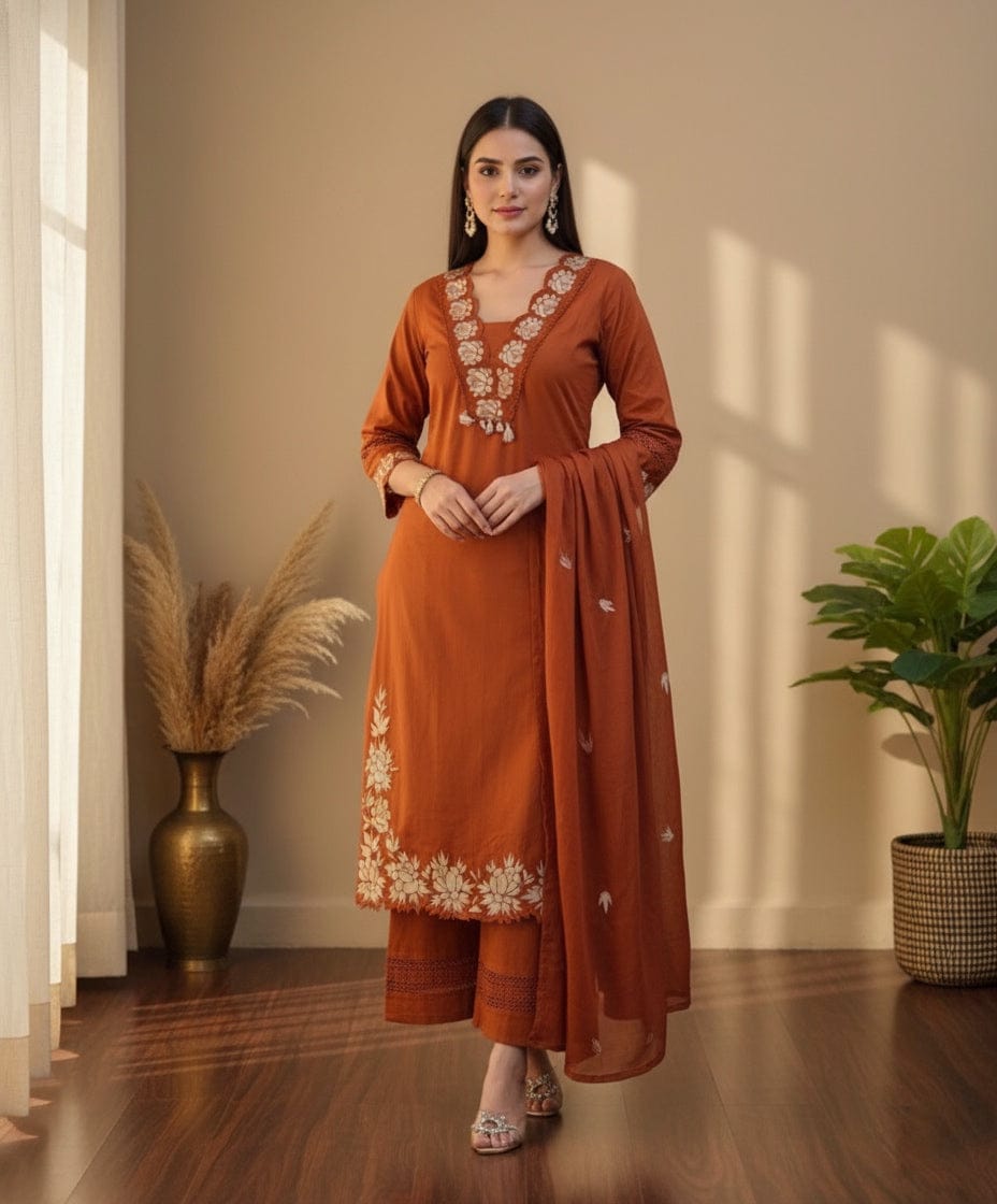 Women's Brown Embroidered Kurta Pant with Dupatta Set