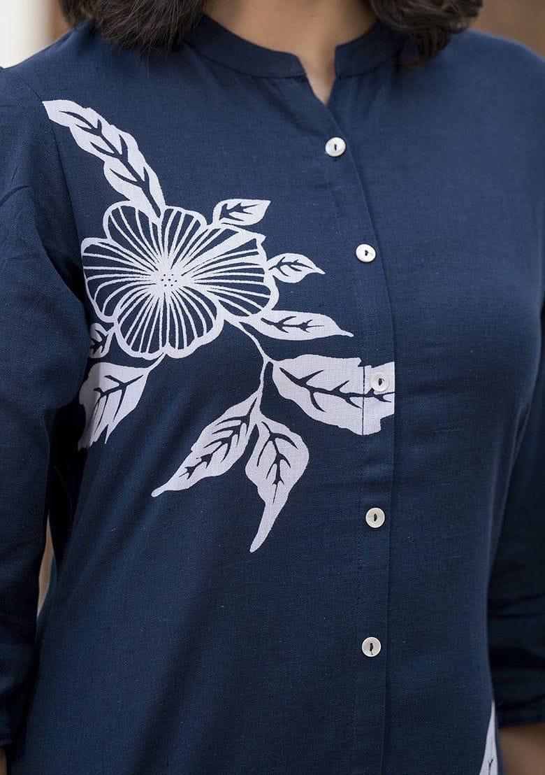 Women’s Navy Blue Floral Printed Straight Kurta with Palazzo Set |