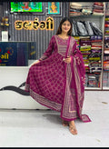 Royal Wine Purple Printed Anarkali Kurta Pant Set with Dupatta for Women