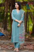 Women's Sky Blue Embroidered Kurta Pant Set with Printed Dupatta