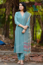 Women's Sky Blue Embroidered Kurta Pant Set with Printed Dupatta