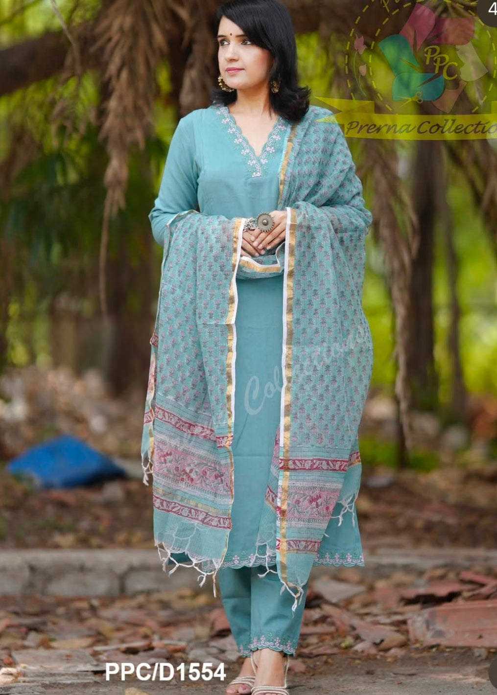 Women's Sky Blue Embroidered Kurta Pant Set with Printed Dupatta