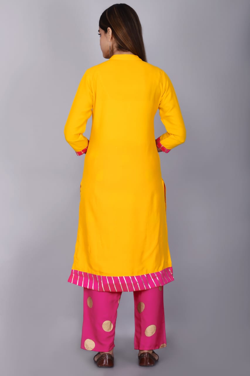 Women's Yellow Printed Kurta Palazzo Dupatta Set with Mirror Work and gota work kurti,pink palazzo