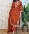 Women's Brown Embroidered Kurta Pant with Dupatta Set