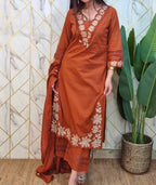 Women's Brown Embroidered Kurta Pant with Dupatta Set