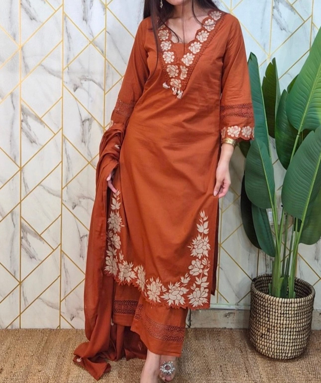 Women's Brown Embroidered Kurta Pant with Dupatta Set