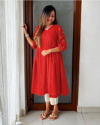 Women's Red A-Line Kurta with V-Neck Lace and 3/4 sleeves comfortable fit.