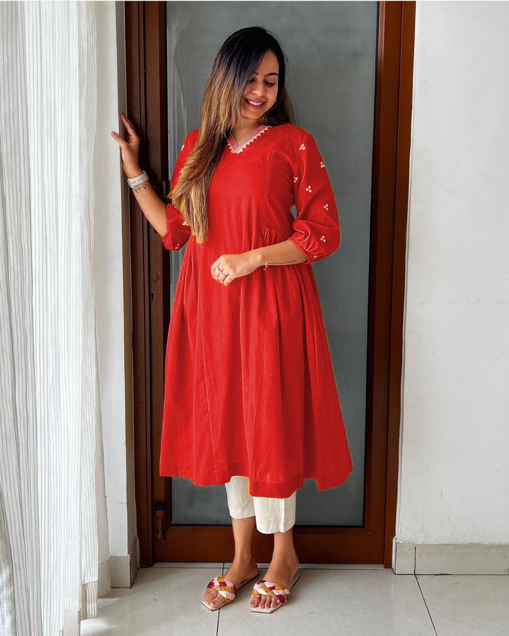 Women's Red A-Line Kurta with V-Neck Lace and 3/4 sleeves comfortable fit.