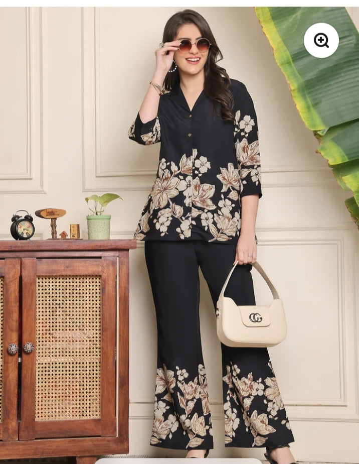Women's Black Floral Printed Co-Ord Set – Stylish Shirt