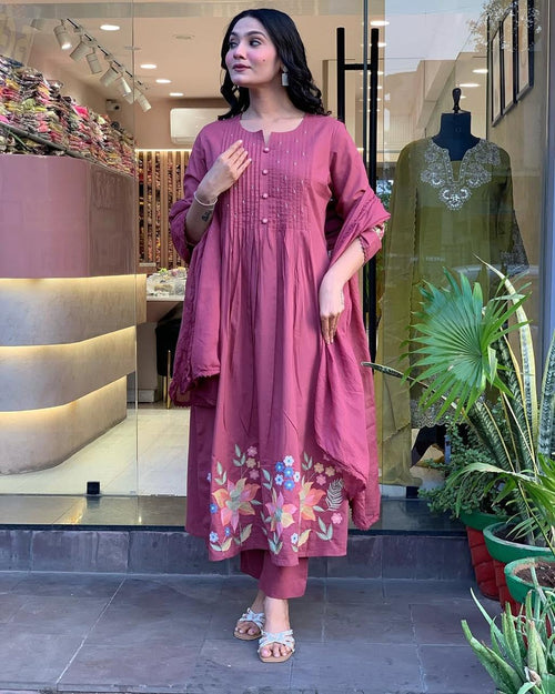 Rose Pink Floral Embroidered Kurta Pant Set with Dupatta for Women