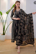 Women's Ethnic black rust Printed Kurta Pant Dupatta Set | Traditional Floral & Geometric Design | Anarkali Style Suit Set