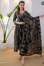 Women's Ethnic black rust Printed Kurta Pant Dupatta Set | Traditional Floral & Geometric Design | Anarkali Style Suit Set