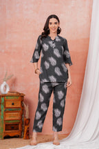 Women's Grey Leaf Print Co-ord Set | Stylish Casual Top & Pant Set
