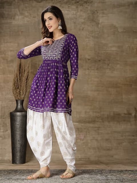 womens purple printed short kurta with white patiala salwar set