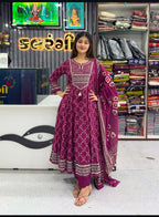 Royal Wine Purple Printed Anarkali Kurta Pant Set with Dupatta for Women