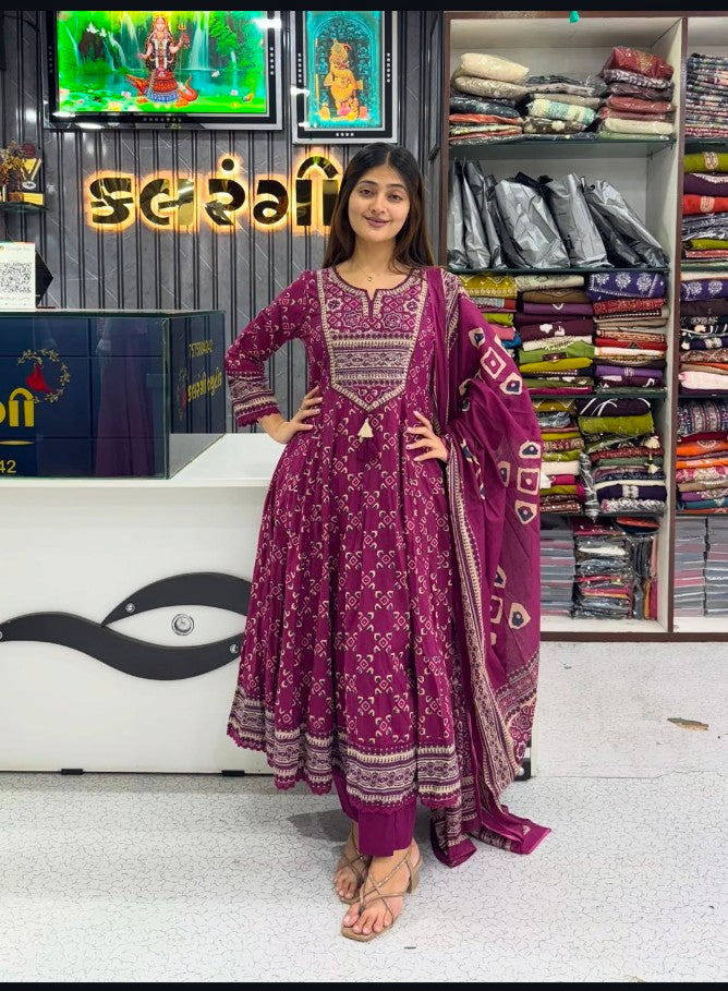 Royal Wine Purple Printed Anarkali Kurta Pant Set with Dupatta for Women