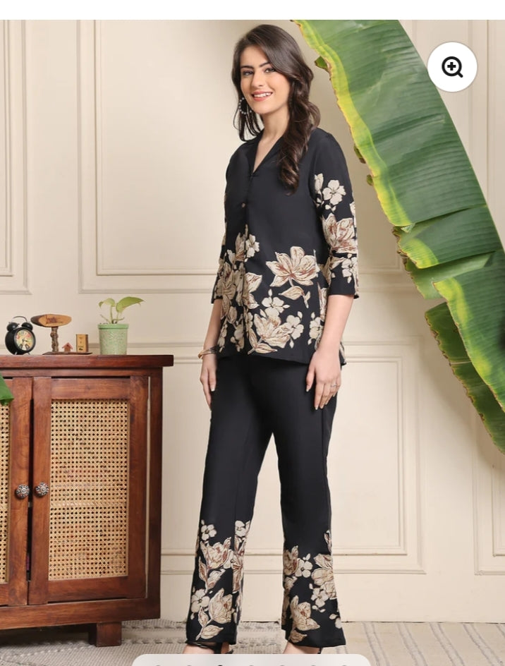 Women's Black Floral Printed Co-Ord Set – Stylish Shirt