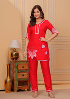 Women's red,sky ilaychi and black embroidered kurta pant set, with V-neck design and floral embroidery
