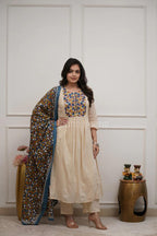 Cream Embroidered anarkli Cotton Kurta Pant Set with Printed Dupatta for Women
